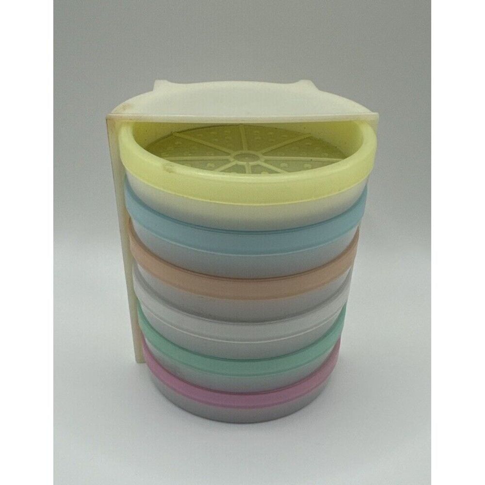Vintage Tupperware 6 Coasters Pastel Wagon Wheel with Caddy -071702